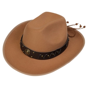 Brown western wool felt cowboy hat with leather band and metal rivet buckle decor