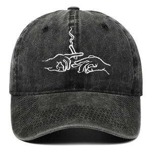 Vintage washed dark grey cotton baseball cap with creative art hand embroidery