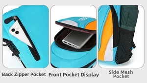 Detail view of anti-theft back pocket, large front pouch and side mesh bottle holder