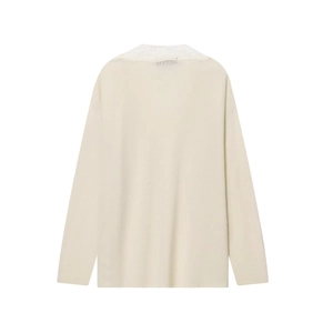 Minimalist cream white wool blend knitted sweater with lace trim fringe and loose fit