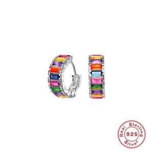 French baguette hoop earrings in S925 sterling silver with colorful sparkling crystals