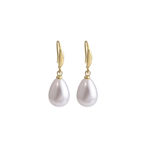 Elegant gold drop earrings with white teardrop pearls in a minimalist design