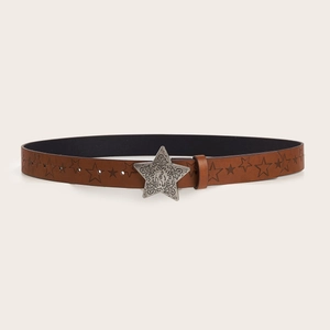 Brown leather star belt with embossed patterns and ornate star-shaped metal buckle