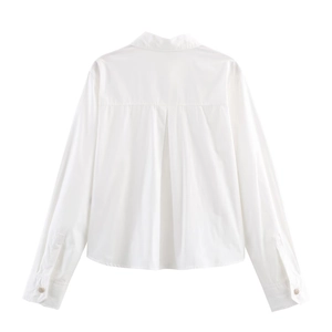 Minimalist white poplin long sleeve shirt featuring back yoke pleats and a clean button-up style