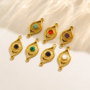 14K gold-plated stainless steel evil eye charms with colorful natural stone inlays