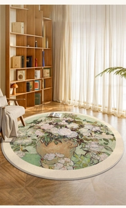 Detail of round rug with Van Gogh floral oil painting style on light wood floor