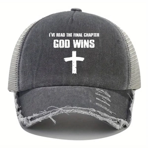 Close-up of God Wins cross print on distressed grey mesh trucker cap with torn brim
