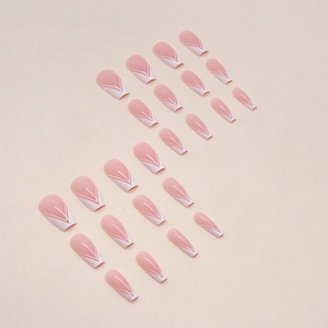 Long coffin press-on nails with natural pink base and white V-tip French line designs
