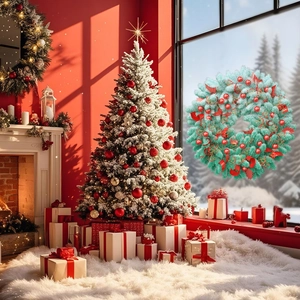 Close-up of a large pine needle Christmas wreath with red ribbons and baubles on window