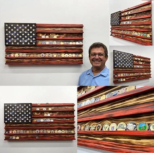 Detailed close-up of American flag wooden display rack with rustic burnt finish shelves