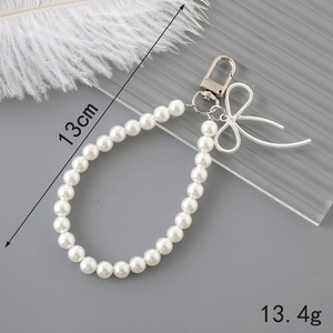 DIY pearl phone strap with silver bow pendant and metal hook, 13cm length, 13.4g