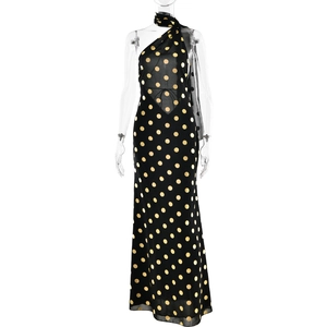 Elegante abito lungo senza schienale con scollo all'americana a pois dorati da donna