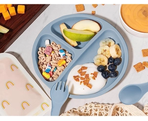 Detailed top view of a blue silicone divided suction plate for baby feeding sets
