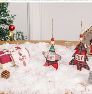 Plaid Christmas hanging ornaments set with Hope, Merry, and Joy prints in snowy scene