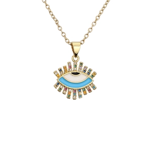 Golden necklace with multicolored gemstone evil eye pendant on a clean white background