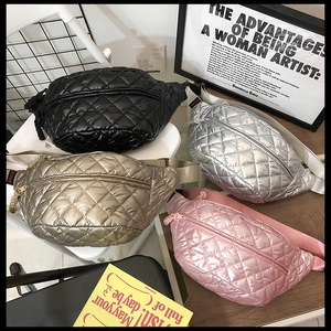 Quilted waist bags in black, silver, gold, and pink showing the padded texture and colors