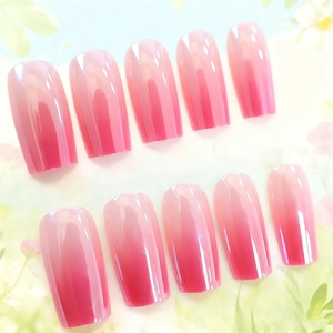 Pink ombre gradient press-on nails in long square shape with high gloss plated finish