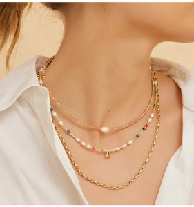 Layered necklace set featuring pearl, crystal beads, and letter A pendant for women.