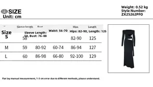 Size guide table for long sleeve mesh patchwork dress with chest and waist measurements