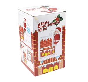 Detailed packaging box showing battery installation and steps for climbing Santa toy