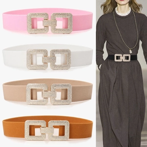 Women Fashion Rhinestone Elastic Wide Belt All-match Faux Leather Waist Girdle Corset Belt Square Interlocking Buckle Jewelry