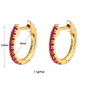 Detailed view of 14K gold rose red rhinestone hoop earrings with size and weight specs