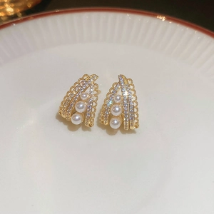 Elegant gold pearl drop earrings with sparkling zircon accents and a french vintage style