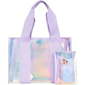 Iridescent laser PVC tote bag set with purple handles and clear waterproof jelly finish