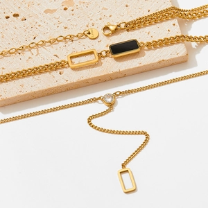 Double-layered gold stainless steel Y-necklace with black rectangular pendant and zircon
