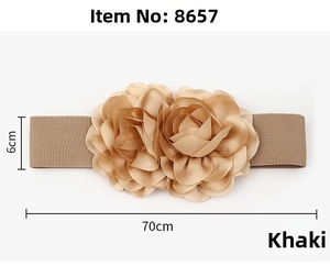 Macro view of khaki elastic belt with 6cm width and decorative satin flower detail