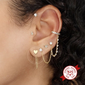925 silver heart stud earrings with tassel chain and zircons in gold plating