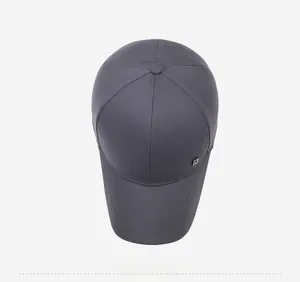 Top down view of dark grey baseball cap featuring high-density twill fabric and side logo