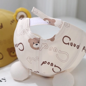 Detail of adjustable velcro strap and premium stitching on cartoon bear baby cap