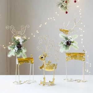 Three-piece metal reindeer figurines with pine cones for Christmas desktop decoration