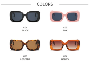 Collage of square oversized sunglasses in black, pink, leopard, and brown color options