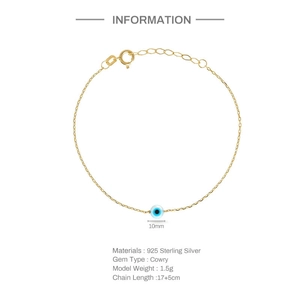 S925 sterling silver evil eye bracelet with blue enamel charm and golden chain finish