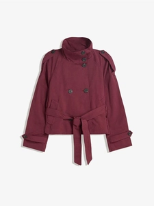 Short burgundy double-breasted trench coat with stand collar and waist belt for women