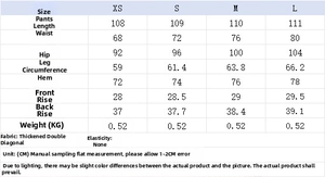 Size chart for women blazer and trousers set with measurements for XS to L in cm