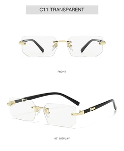 Front and 45-degree views of rimless geometric sunglasses with gold metal bridge and hinges
