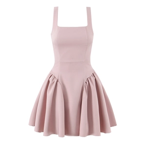 Women Mini Dress Sleeveless Square Neck Satin Polyester Lace Up Back A-Line Puffy Skirt Party Cocktail Style