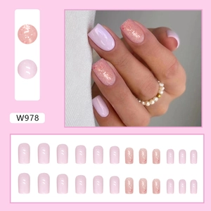 Pink and white glitter ombre medium square press-on nails with shiny finish