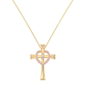 Golden cross necklace for women featuring a pink heart stone and intricate pendant details