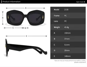 Detailed size specifications for irregular polygon sunglasses model 2130 with PC frame