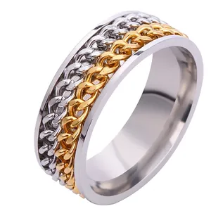 Minimalist stainless steel spinner ring with triple row gold and silver chains