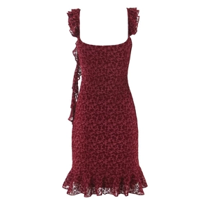 Elegant burgundy floral lace sleeveless mini dress with ruffle straps and mermaid hem