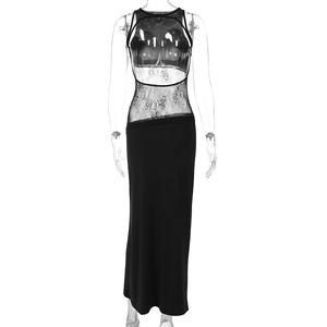 Detail of elegant black lace bodice on a sleeveless cutout backless maxi dress
