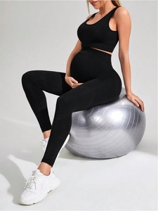 Nahtloses Schwangerschafts-Yoga-Set mit Sport-BH und hoher Leggings in Schwarz für Sport