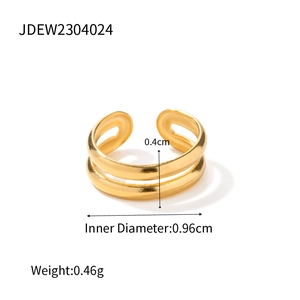 Detailed view of dual-layer gold-plated stainless steel cuff ring with measurements