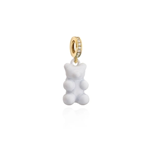 White gummy bear charm with gold rhinestone-encrusted clasp on a clean white background