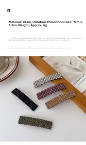 Detail view of 7cm rhinestone bobby pins in silver, purple, gold, black, and grey colors